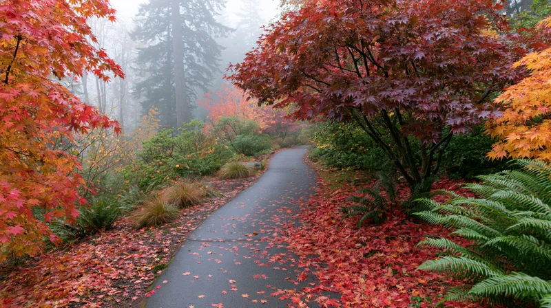 Narrow paved path winding through autumn forest with colorful maple trees and ferns under misty overcast sky