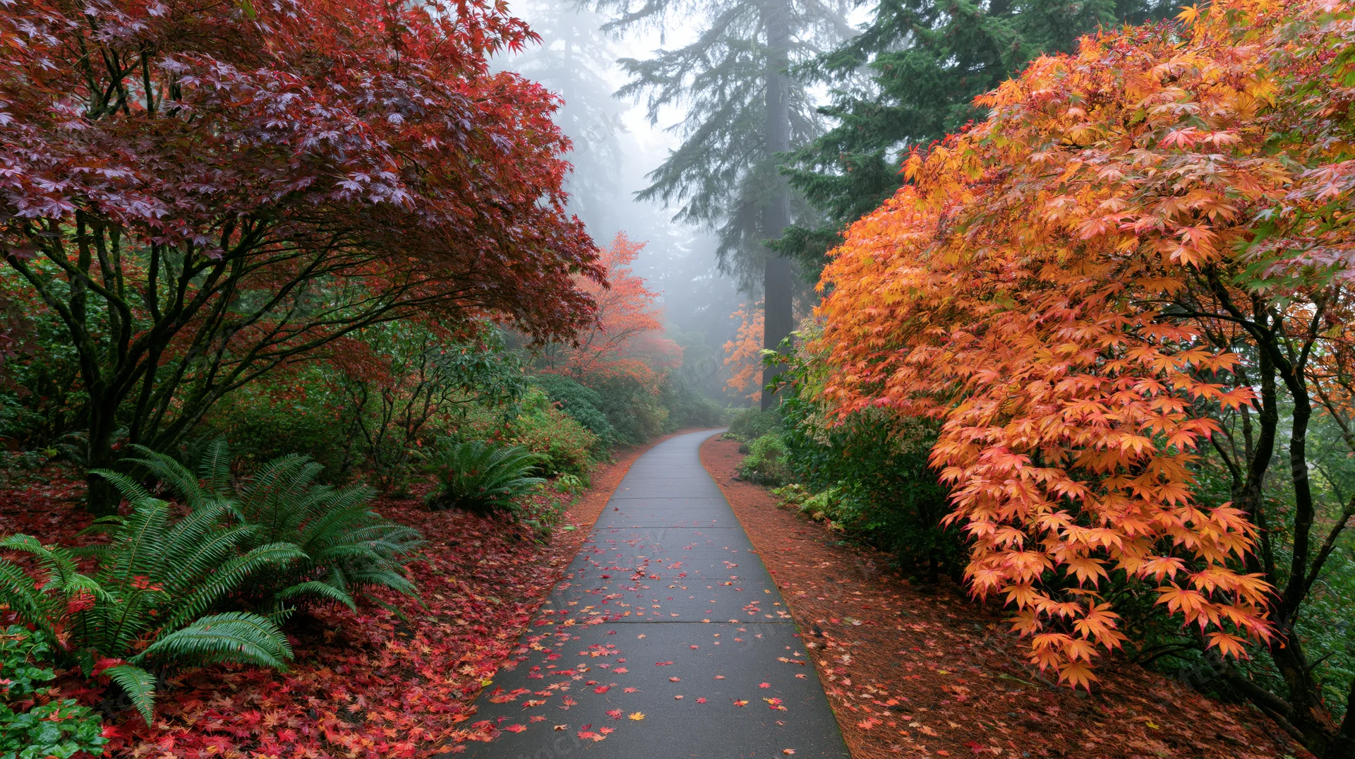 Winding paved path through autumn forest with colorful maple trees and ferns under misty conditions