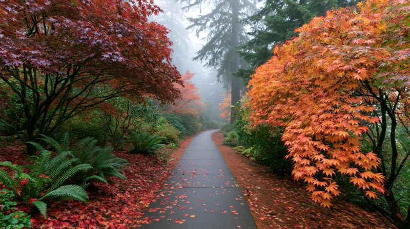 Winding paved path through autumn forest with colorful maple trees and ferns under misty conditions