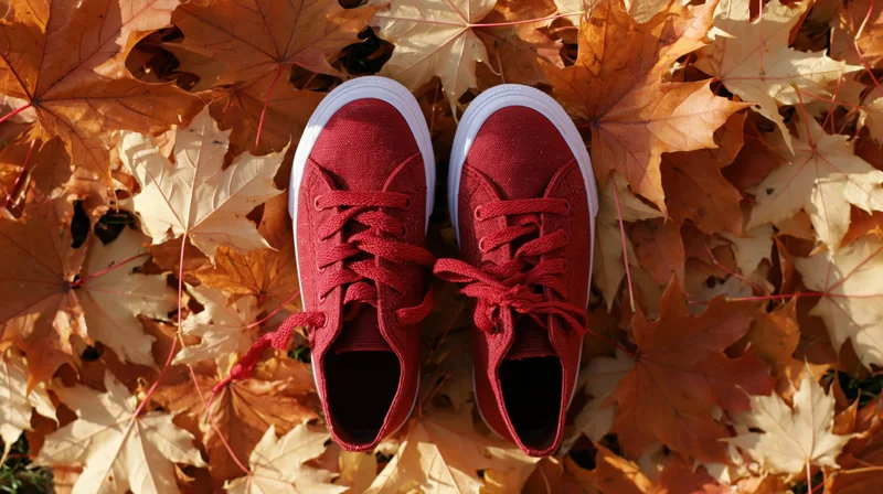Red canvas sneakers resting on a bed of autumn maple leaves