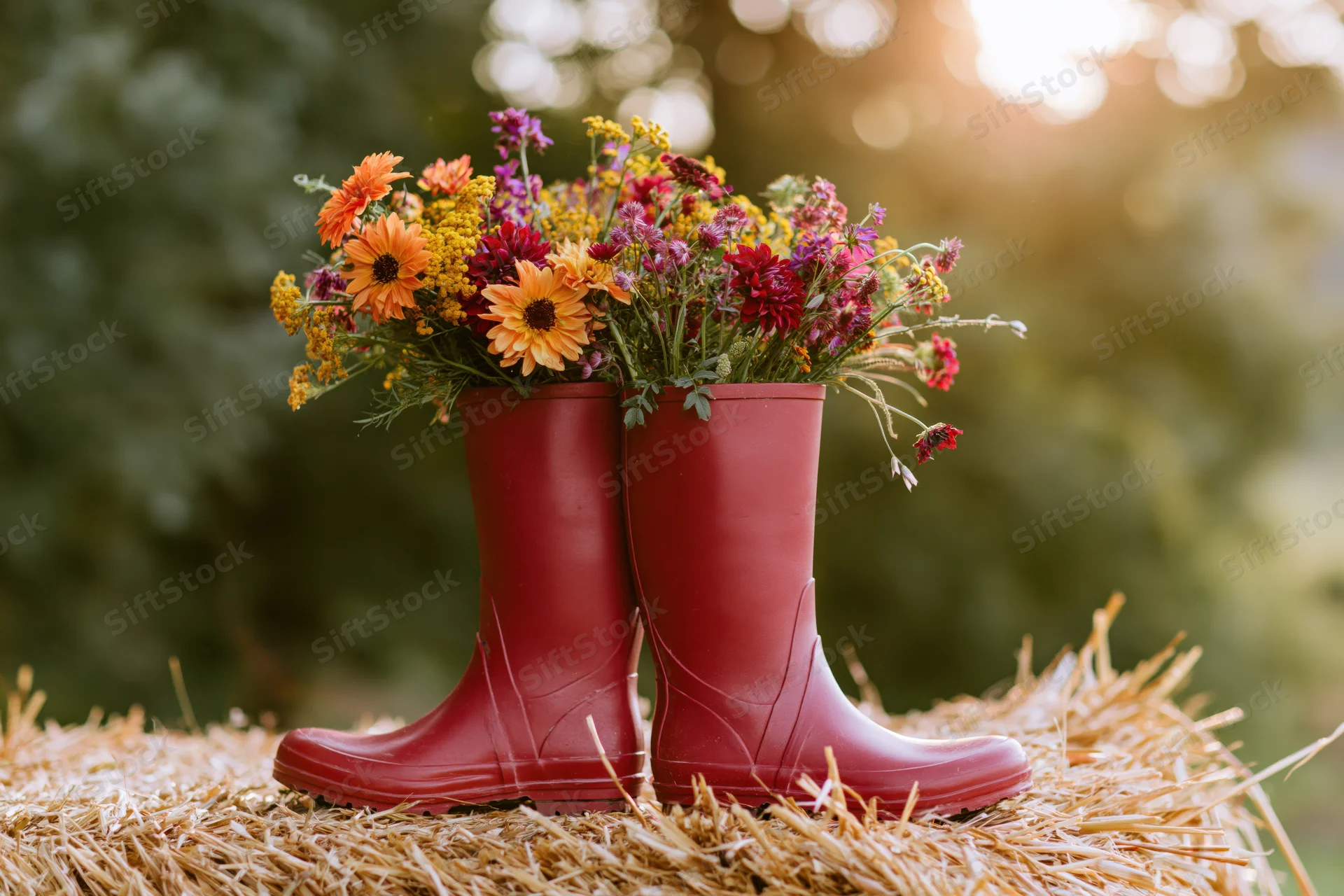 Red rubber boots filled with colorful wildflowers resting on a hay bale outdoors