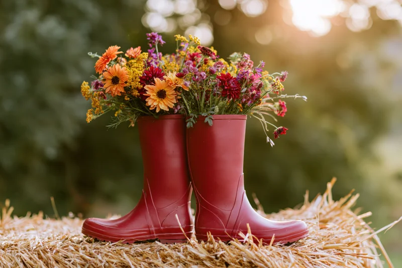 Red rubber boots filled with colorful wildflowers resting on a hay bale outdoors