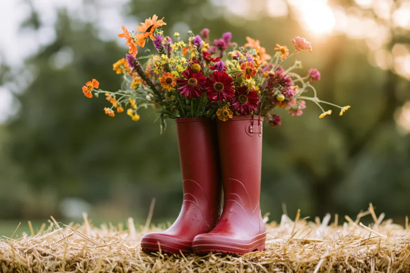 Red rubber rain boots filled with colorful wildflowers resting on a hay bale outdoors