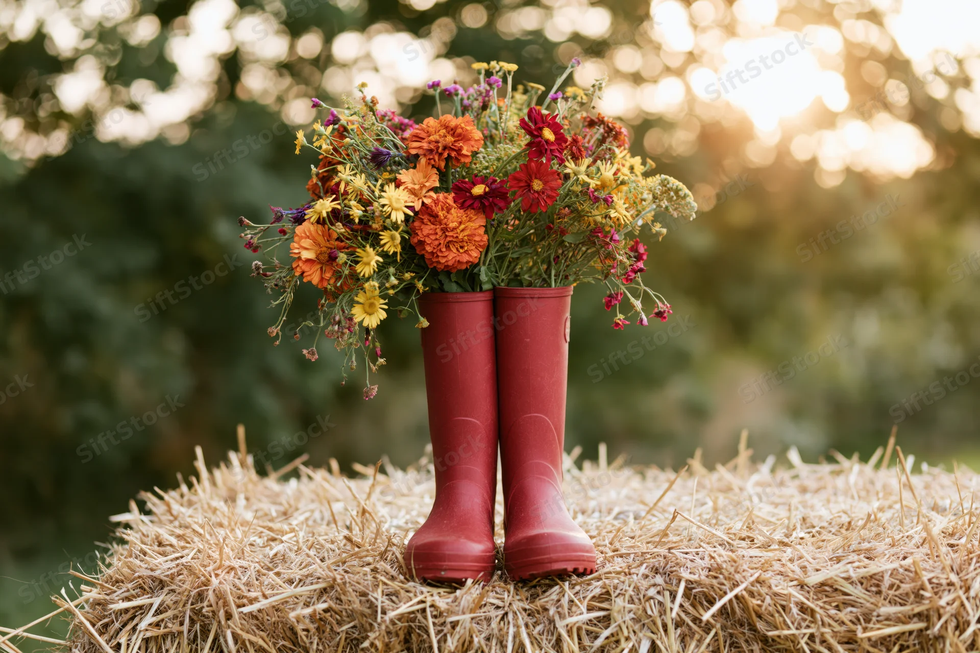 Red rubber boots filled with wildflowers resting on a hay bale in a sunlit field