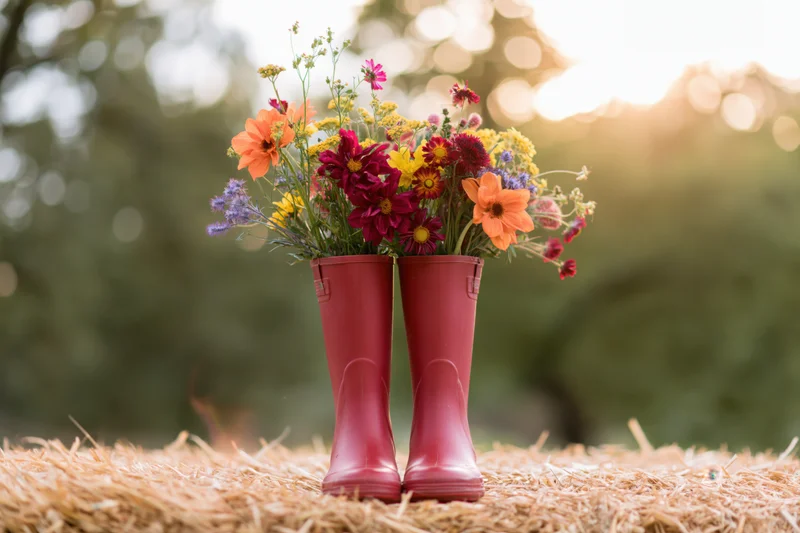 Red rubber boots filled with colorful wildflowers arranged on a hay bale outdoors