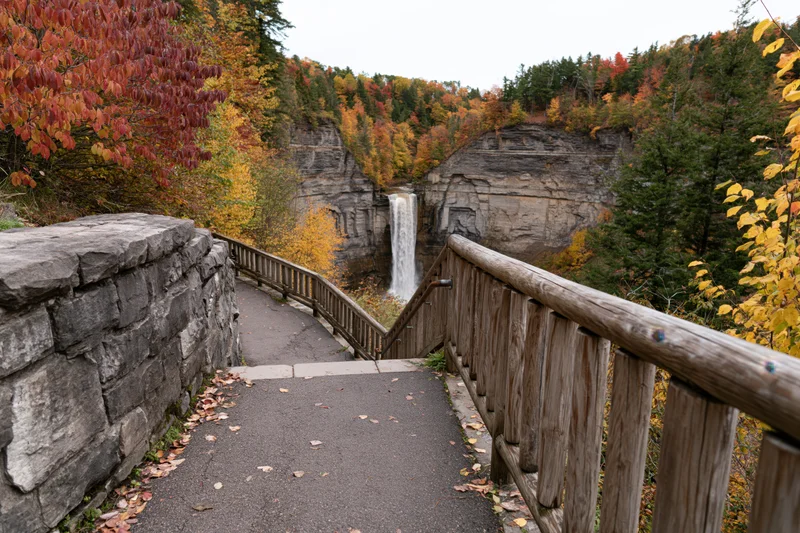 Paved path with wooden railings descending toward a waterfall surrounded by autumn foliage in a forested canyon