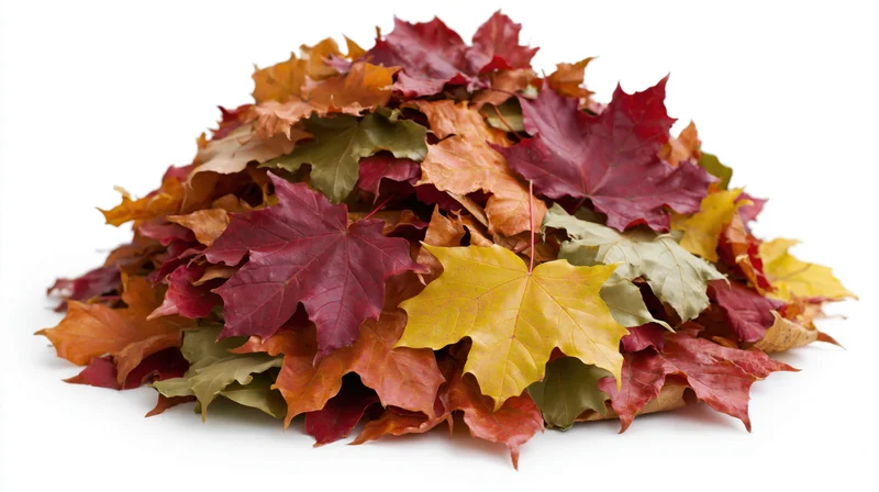 A mound of colorful autumn maple leaves heaped together on a white background