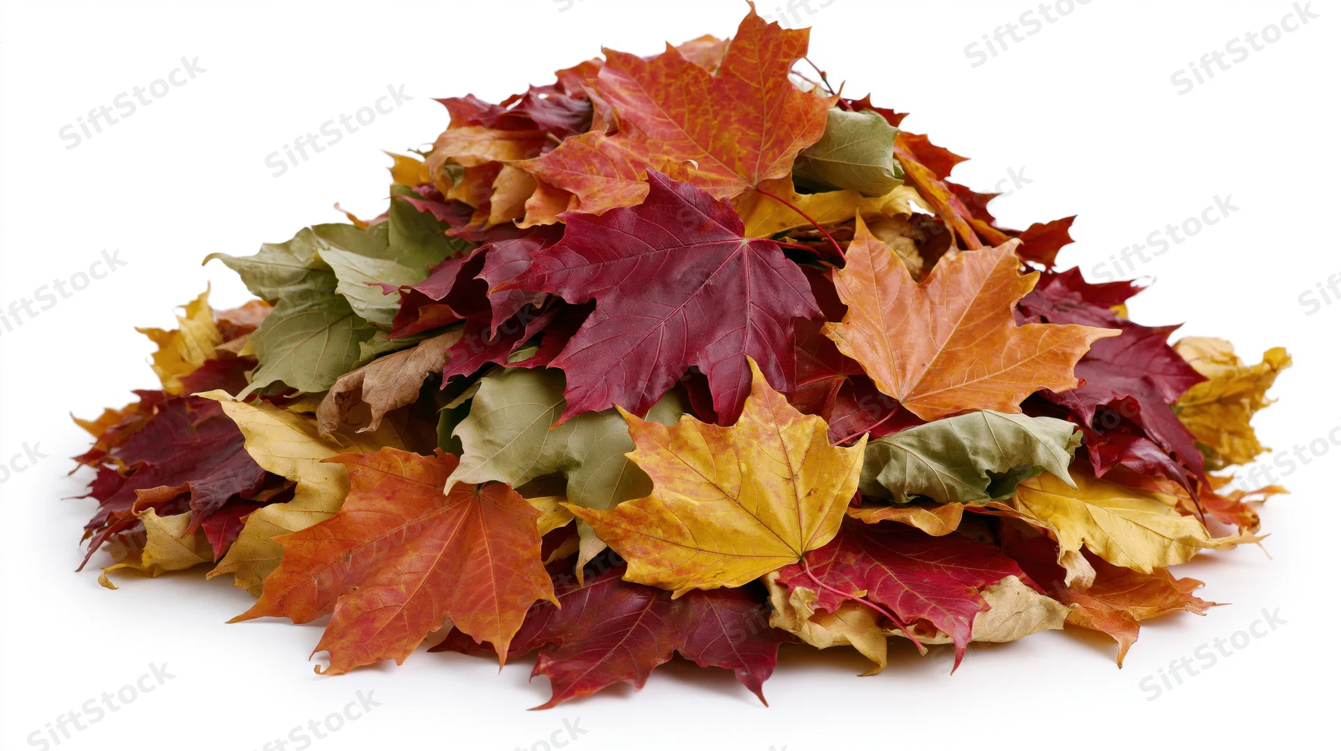 Pile of fallen autumn maple leaves heaped into a mound on white background