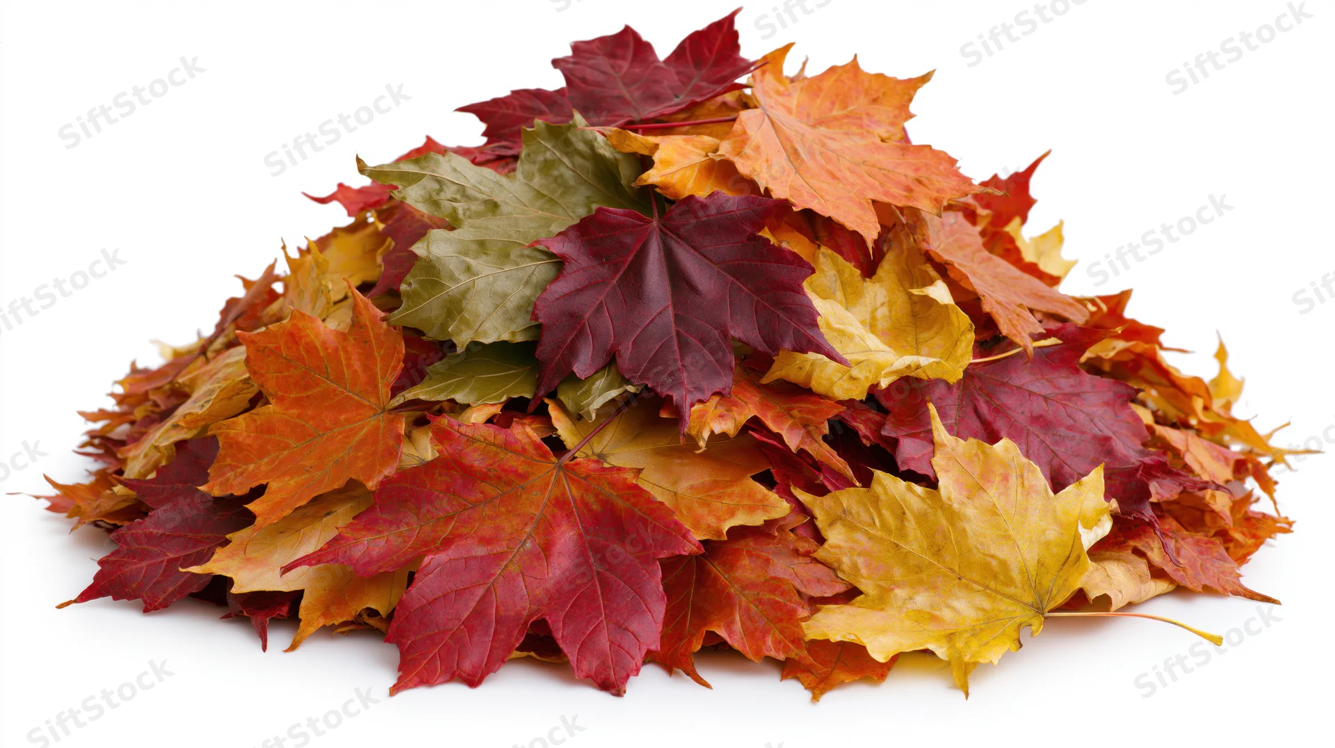 A mound of fallen maple leaves in autumn colors on a white background