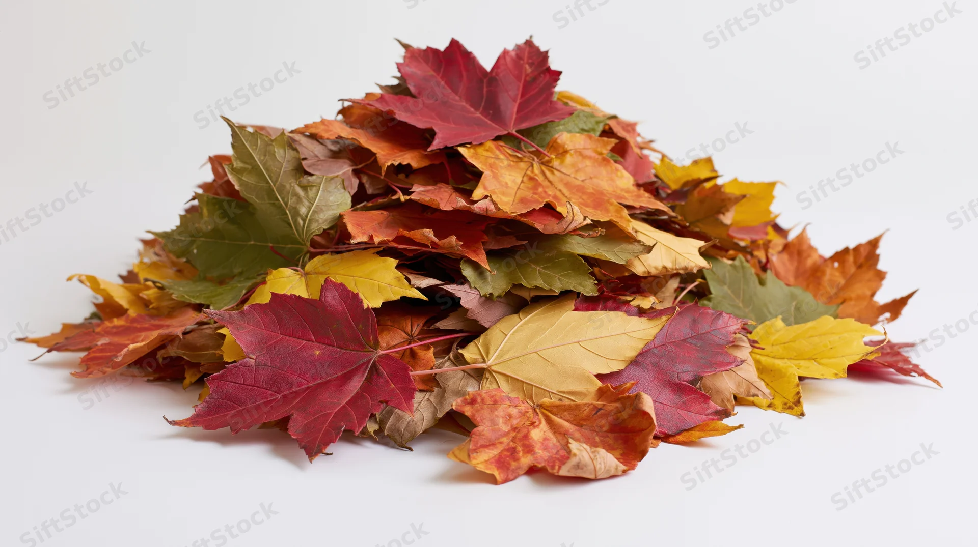 Pile of fallen maple leaves in mixed autumn colors on white background