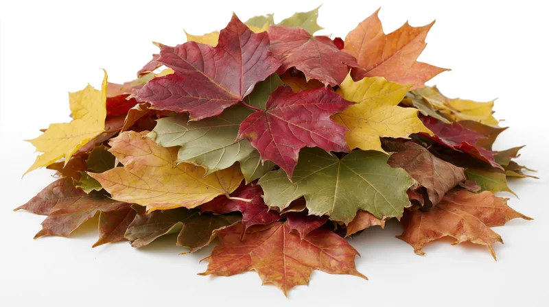 Pile of fallen maple leaves in mixed autumn colors heaped on white background