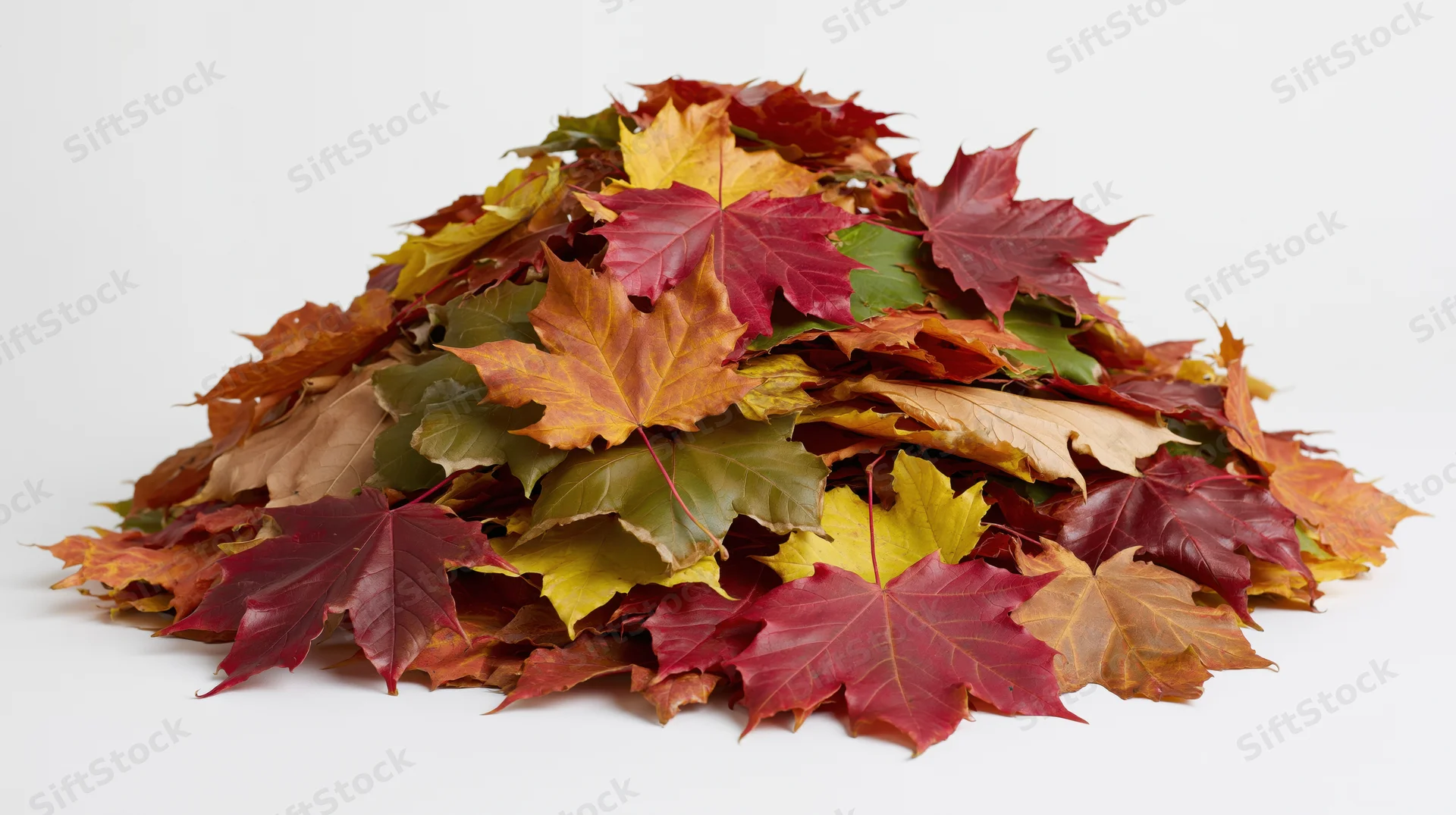 A heap of colorful maple leaves in autumn hues on a white background