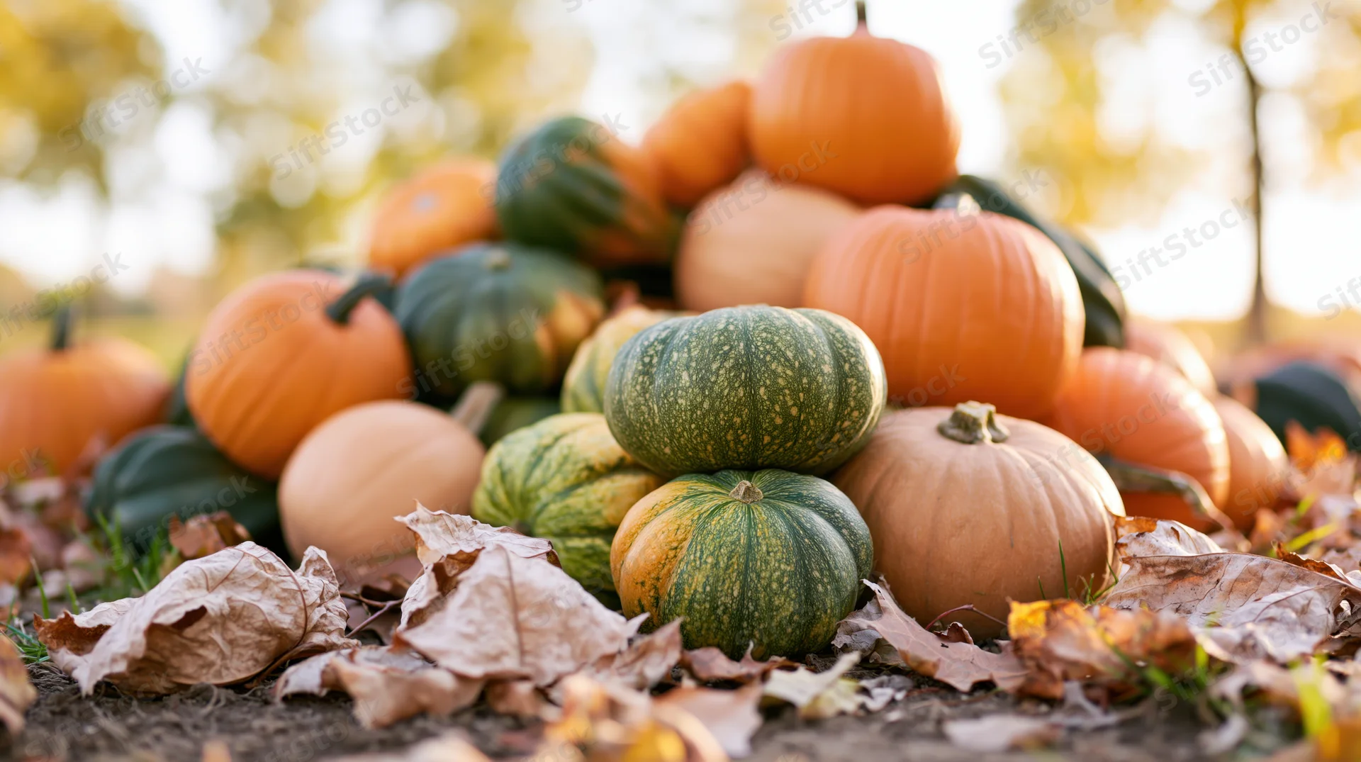 Pile of mixed pumpkins and gourds in orange green and tan on ground with fallen leaves in autumn setting
