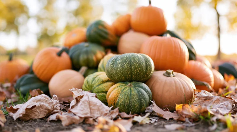 Pile of mixed pumpkins and gourds in orange green and tan on ground with fallen leaves in autumn setting