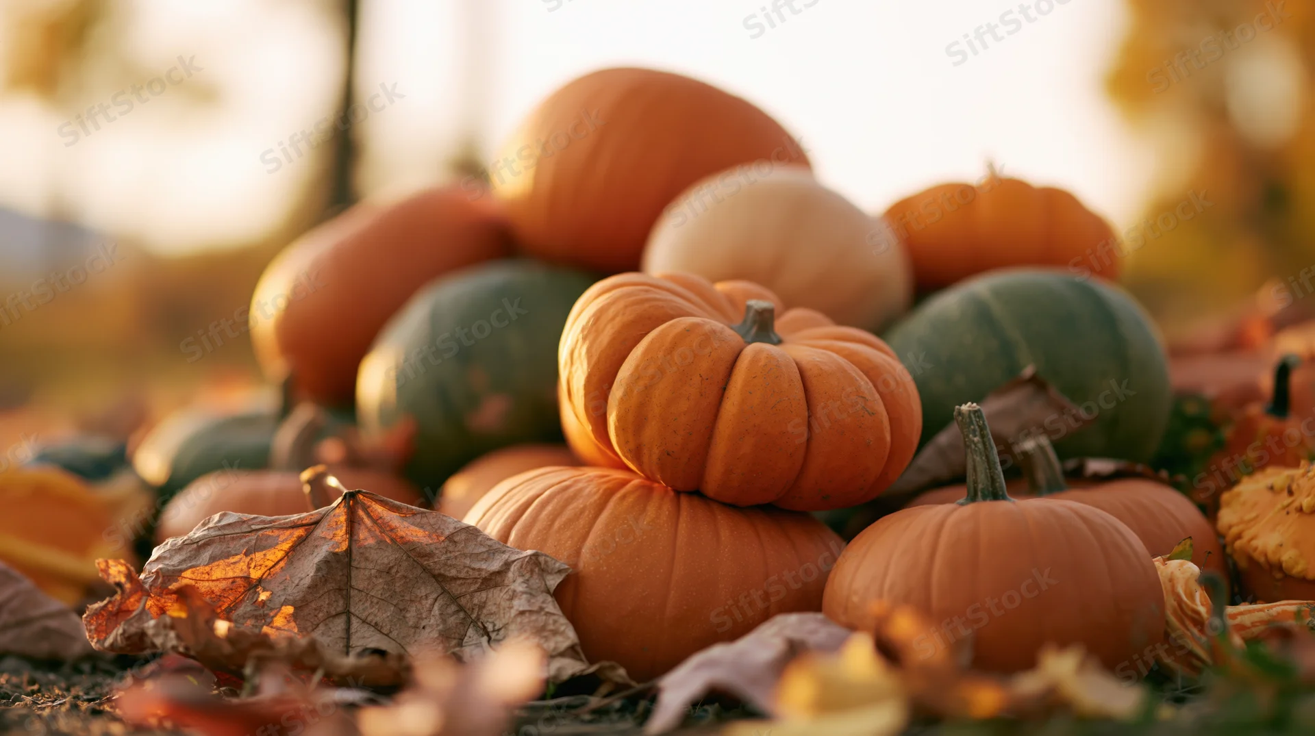 Pile of mixed pumpkins and gourds in orange green and tan on ground with dried leaves in autumn light