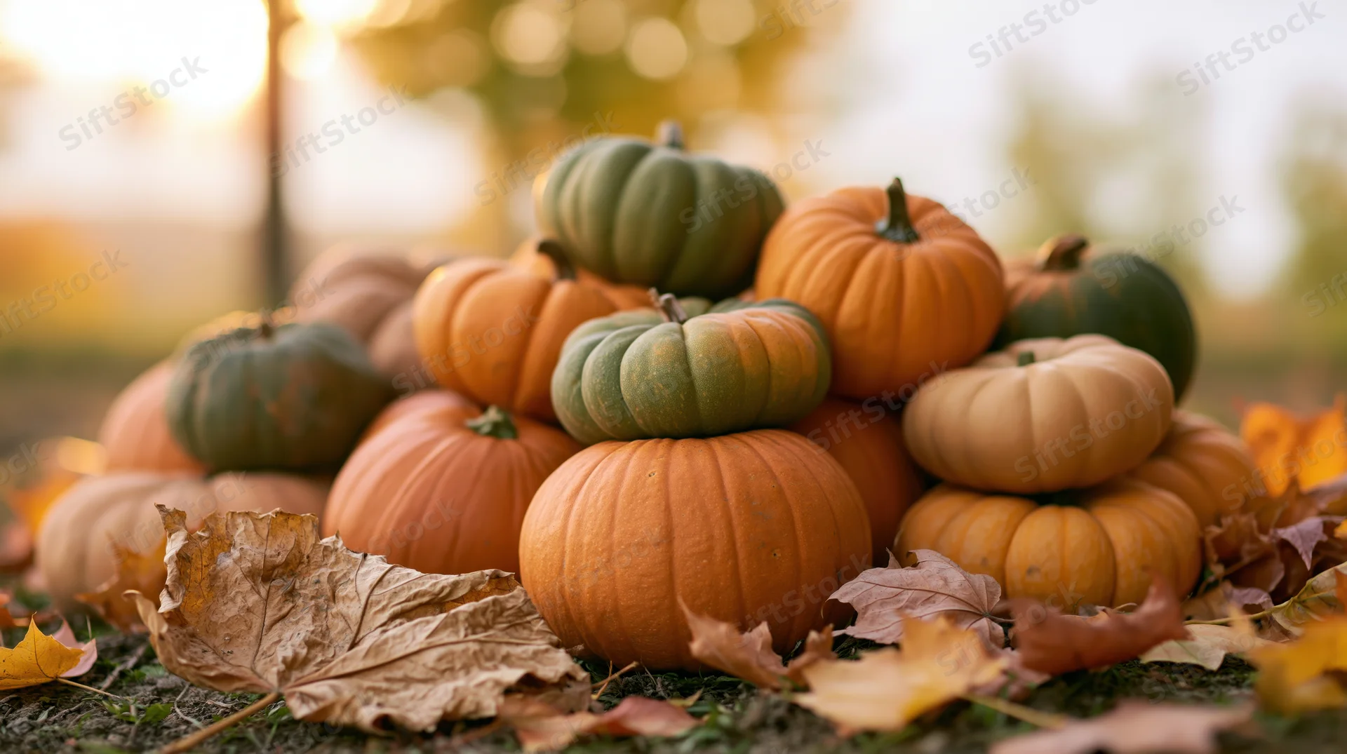 Pile of mixed pumpkins and gourds in orange, green, and tan hues surrounded by fallen leaves in an outdoor garden setting during autumn