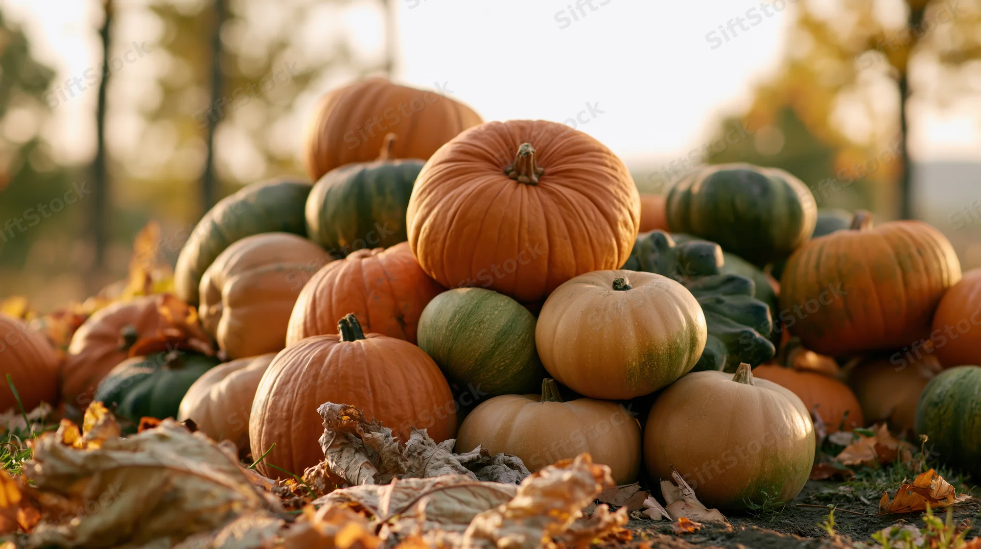 Pile of mixed pumpkins and gourds in orange green and tan stacked outdoors in autumn field