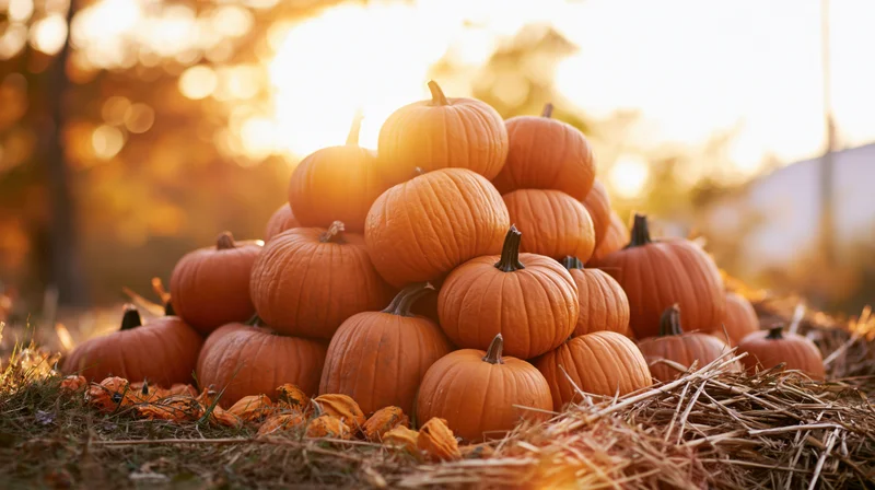 Stack of orange pumpkins on hay in a field at golden hour