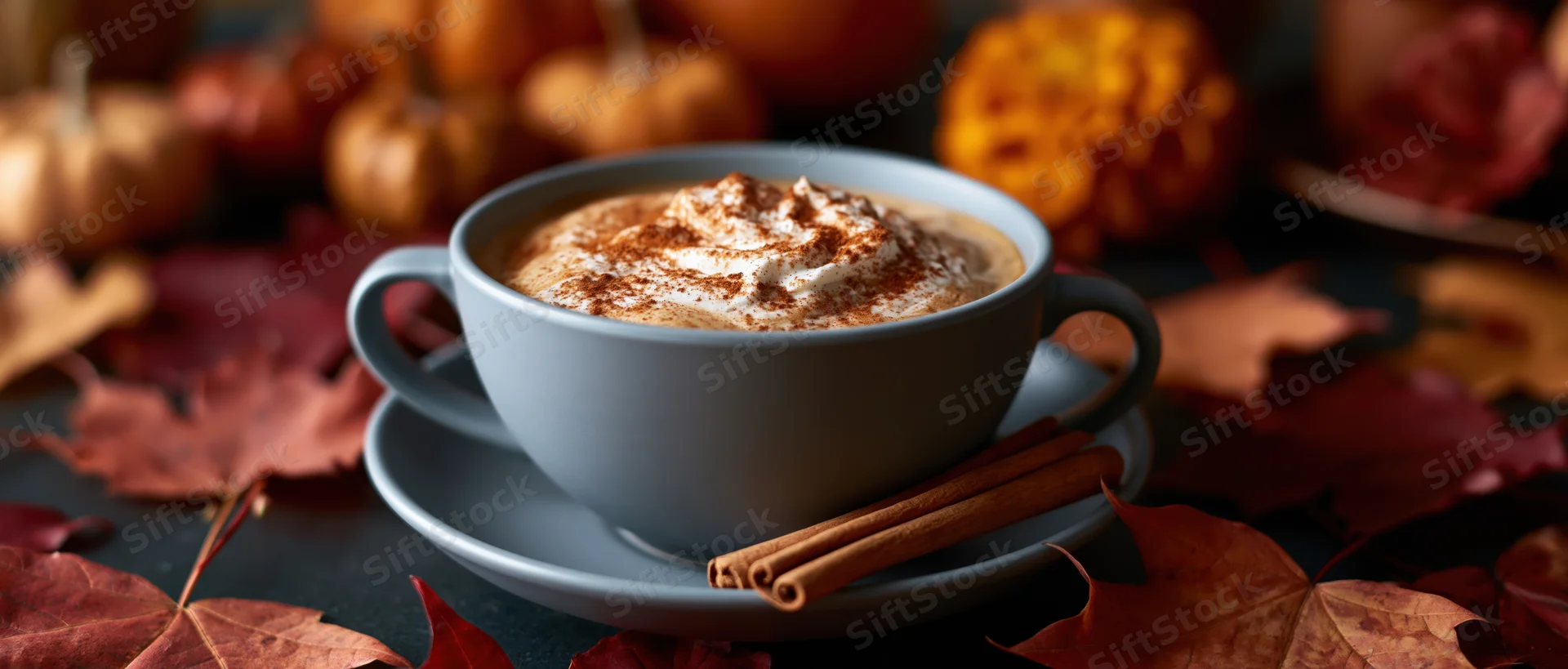 Pumpkin spice latte in a matte grey ceramic cup and saucer