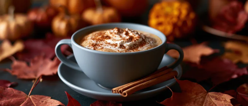 Pumpkin spice latte in a matte grey ceramic cup and saucer