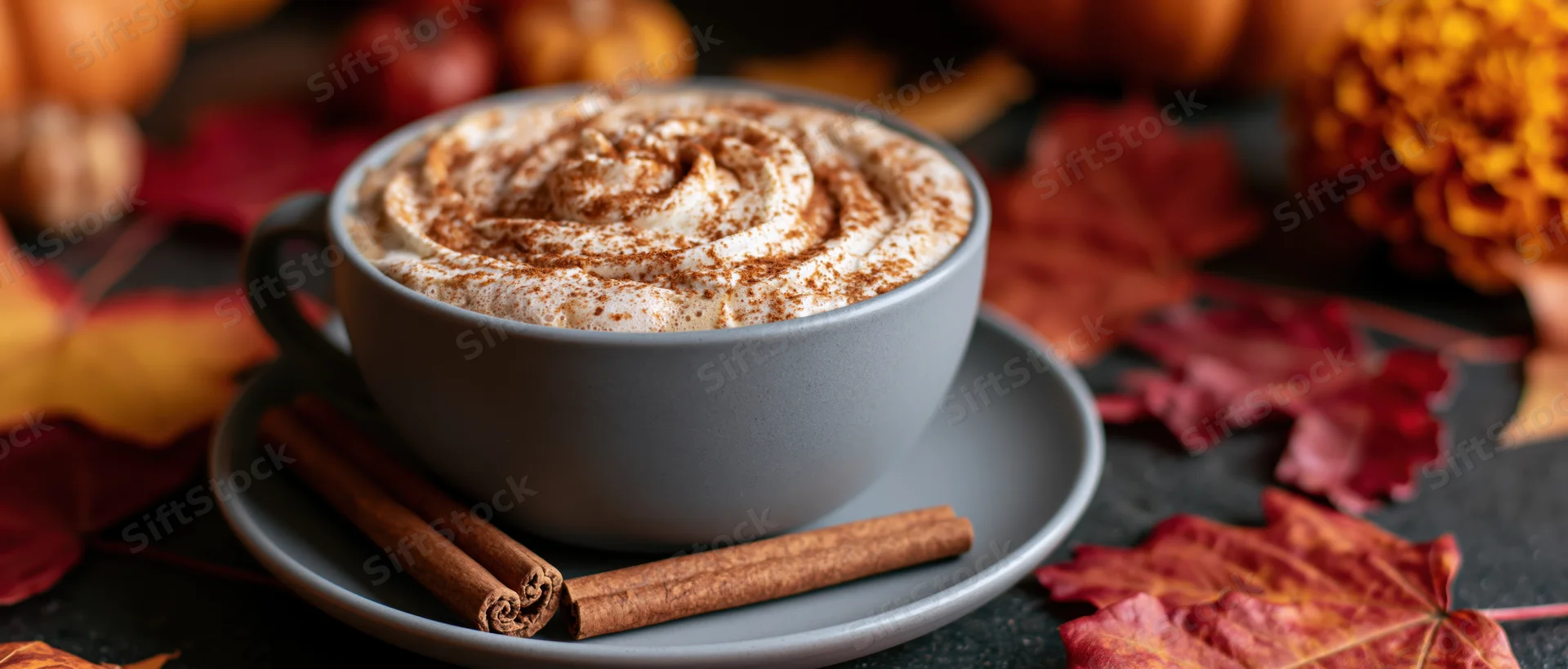 Pumpkin spice latte in a grey ceramic cup with whipped cream and cinnamon sticks on a saucer surrounded by autumn leaves
