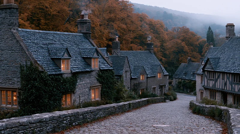 Cobblestone lane winding between stone cottages in a quiet village at dusk with autumn trees and foggy hills in the background