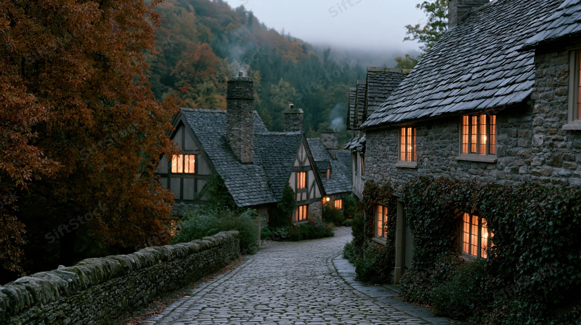 Cobblestone lane winding between stone cottages in an autumn village at twilight