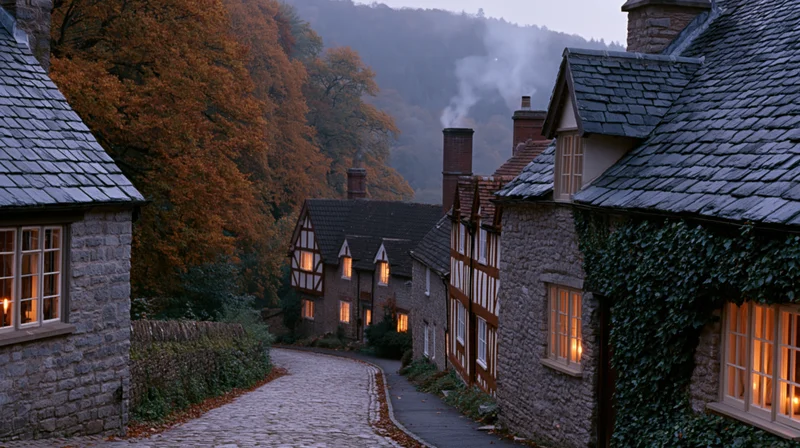 Cobblestone lane winding between stone and timber-framed houses in a quiet village at twilight