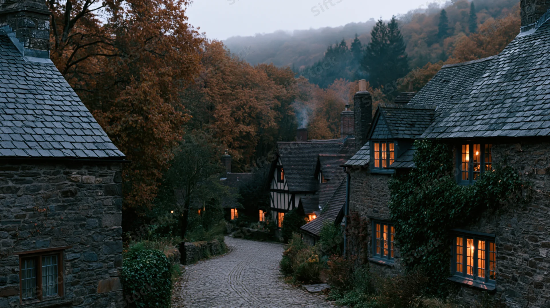 Cobblestone lane winding between stone cottages in a misty autumn village at evening