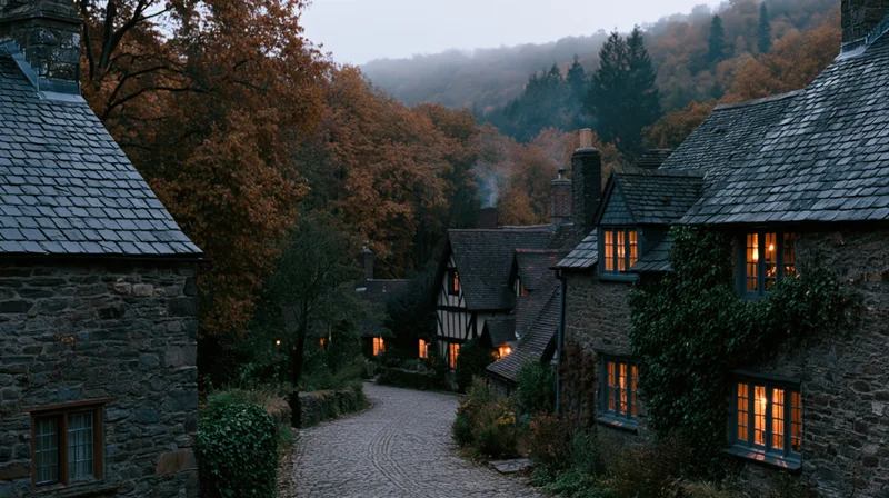 Cobblestone lane winding between stone cottages in a misty autumn village at evening