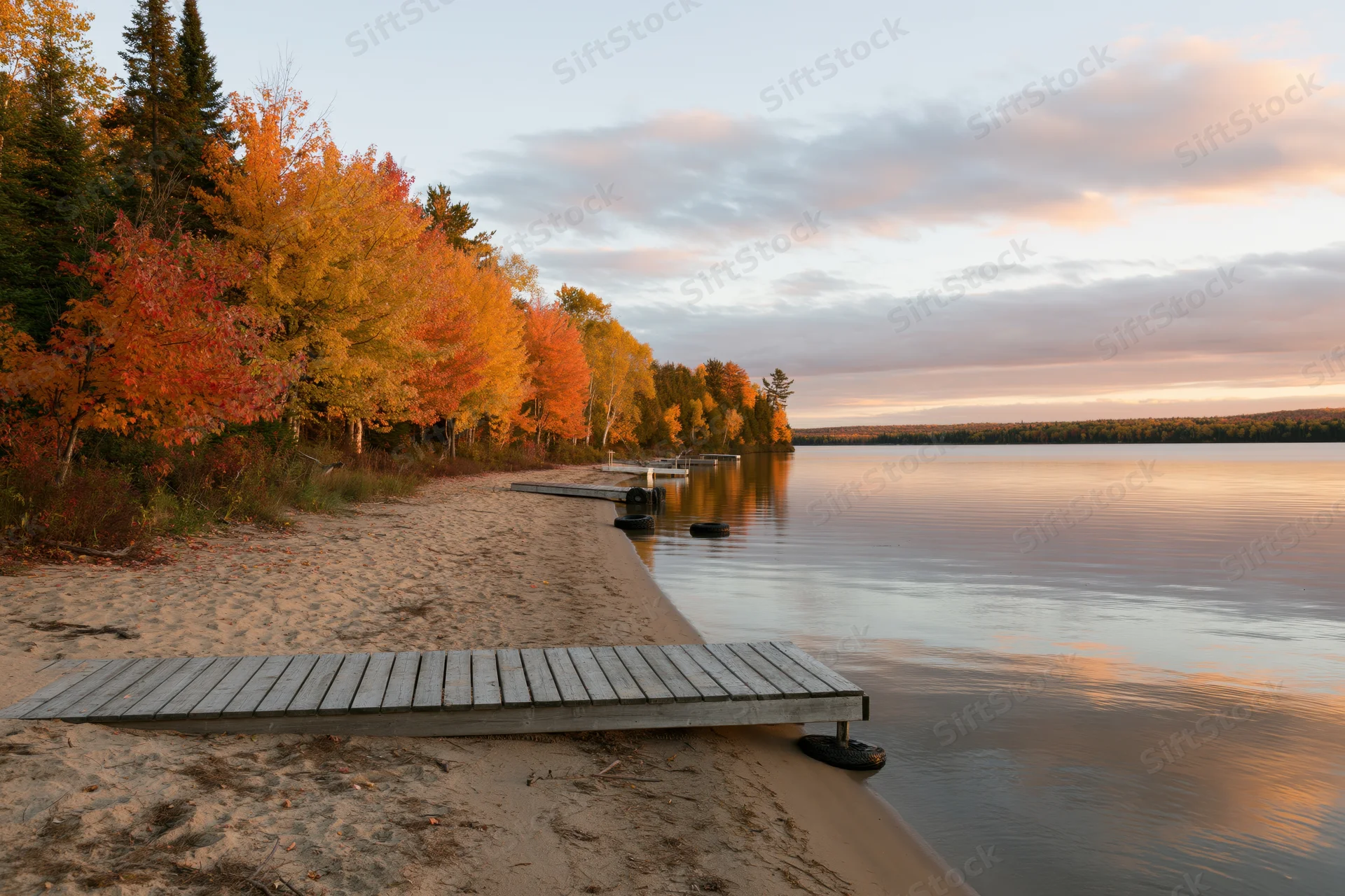 Wooden dock extending from sandy beach into calm lake surrounded by autumn trees at sunset