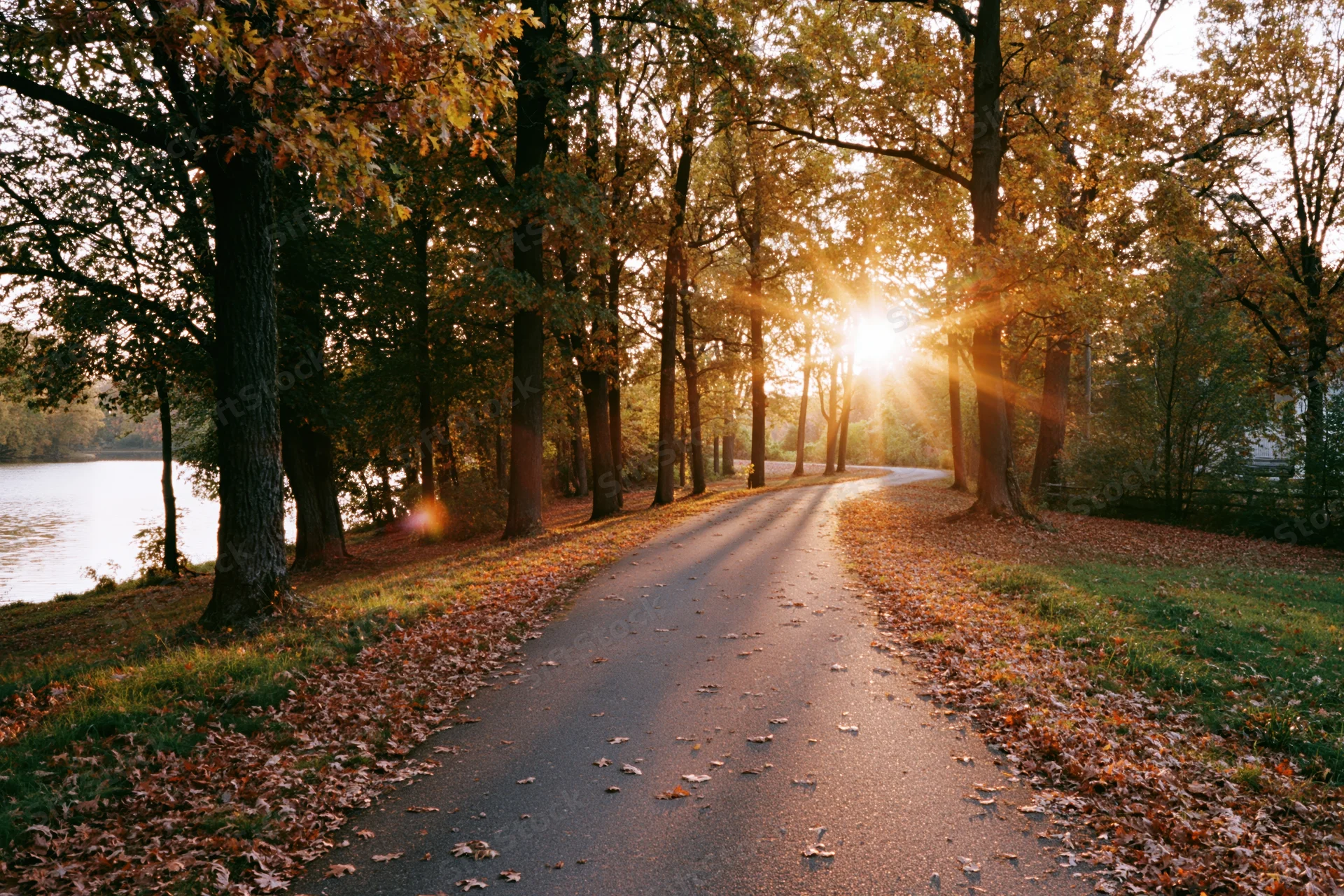 Winding path through autumn trees beside a lake at sunrise
