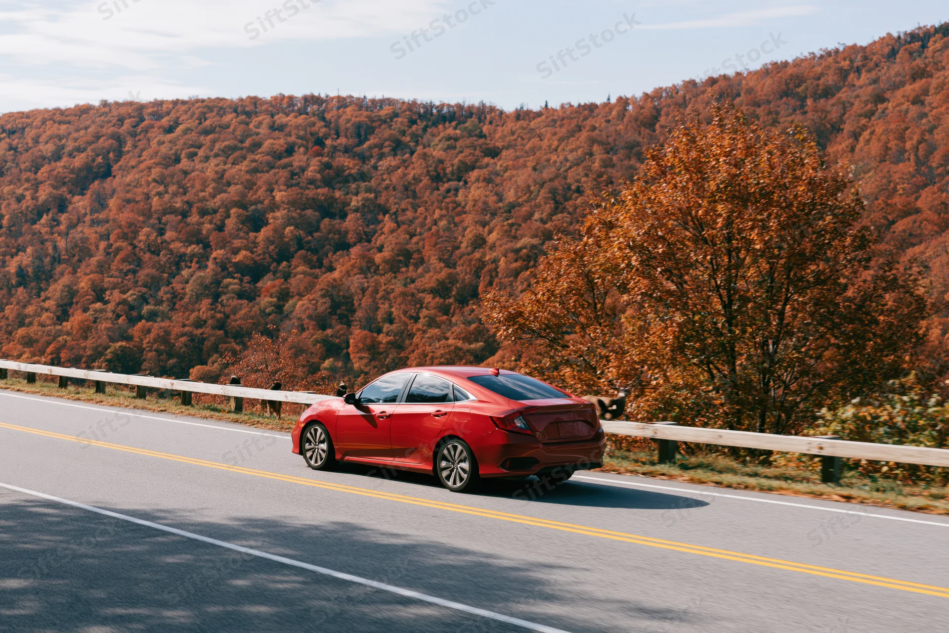 Red sedan driving on a winding mountain road surrounded by autumn foliage