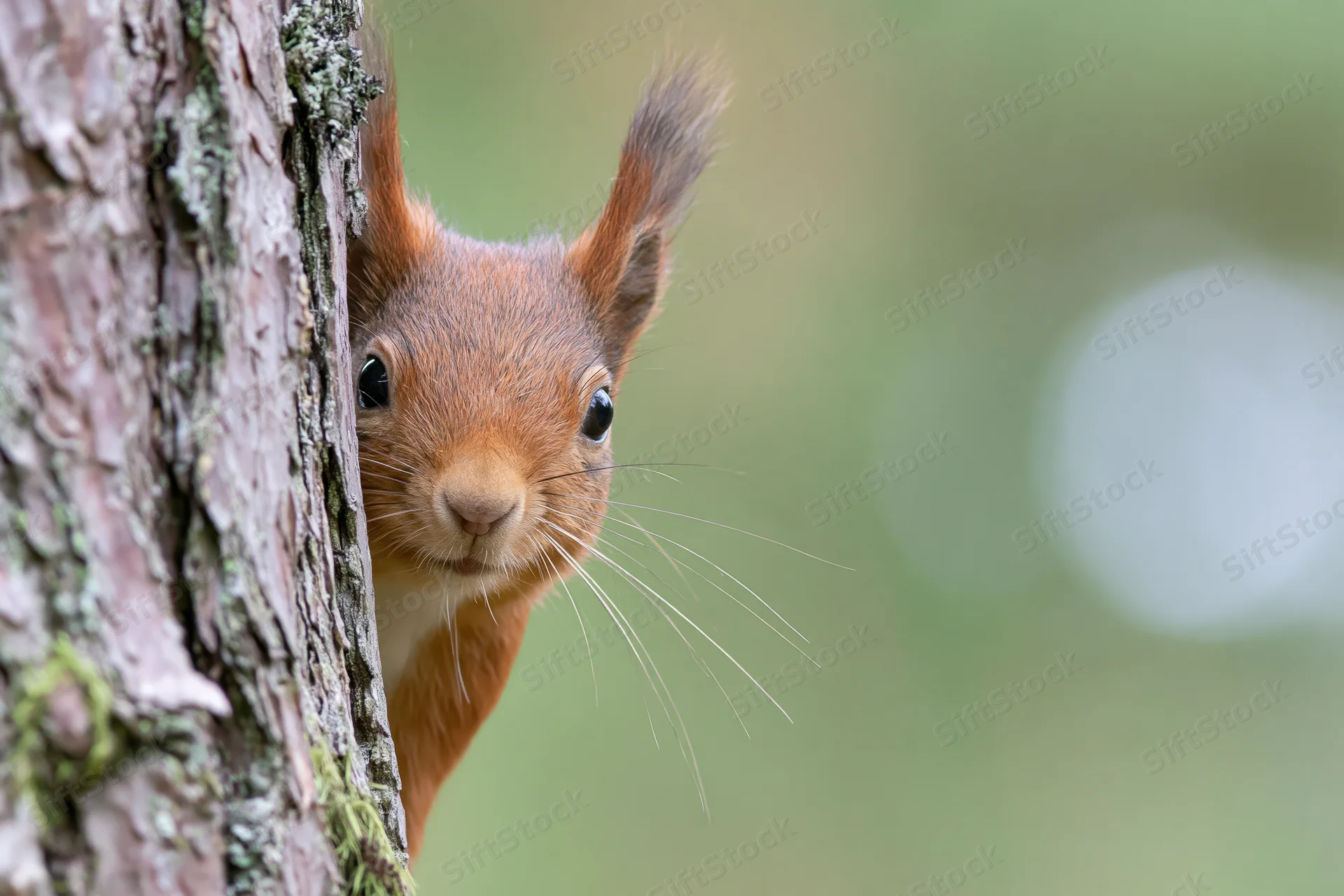 Red squirrel peeking from behind pine tree trunk in forest