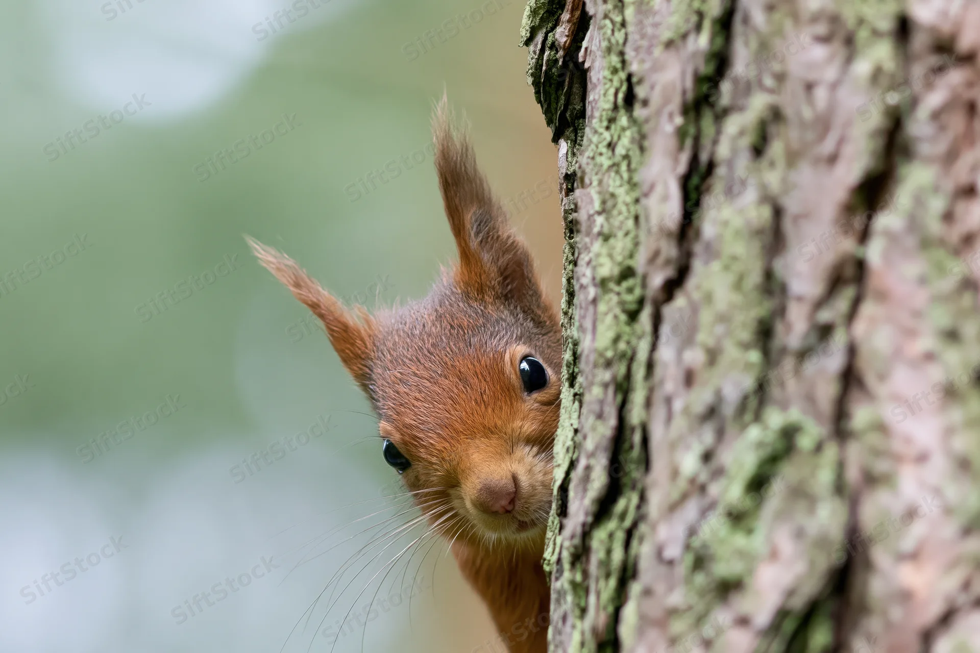 Red squirrel peeking from behind a mossy pine tree trunk in a forest setting