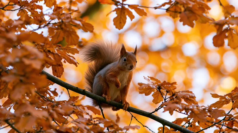 Red squirrel perched alert on a slender tree branch surrounded by autumn leaves