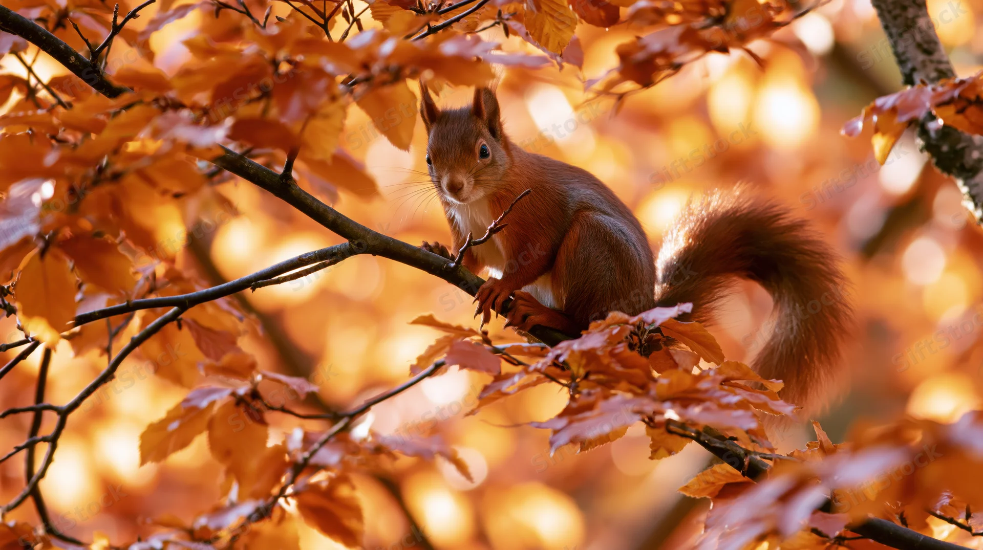 Red squirrel perched alert on a slender tree branch surrounded by autumn leaves