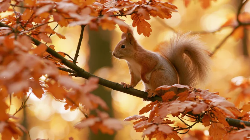 Red squirrel perched alert on a slender tree branch surrounded by autumn leaves in a forest setting