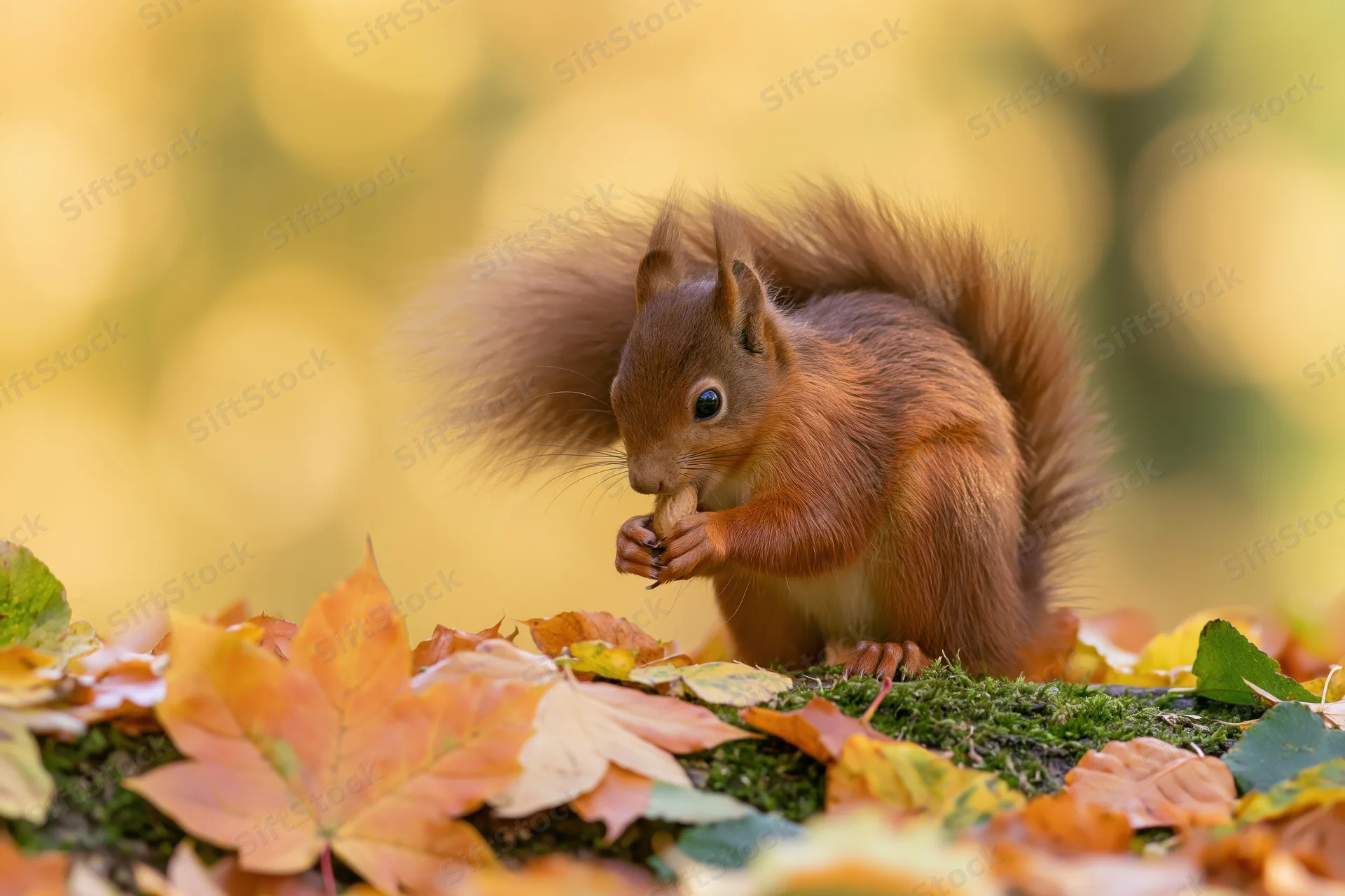 Red squirrel eating a nut on a mossy log surrounded by autumn leaves