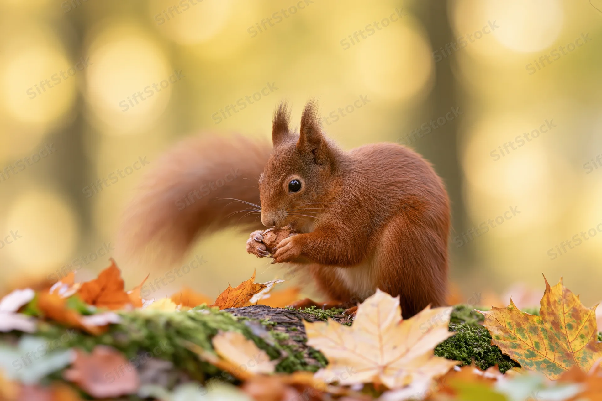 Red squirrel eating a nut on a mossy log surrounded by autumn leaves in a forest