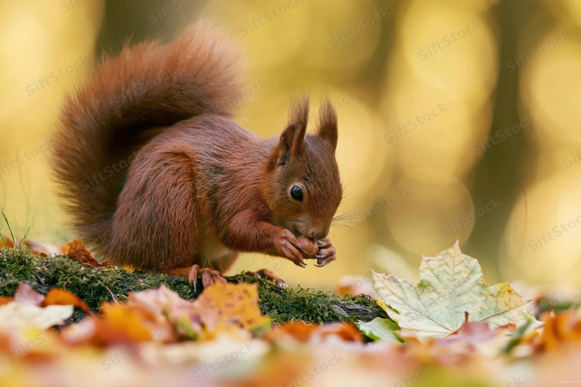Red squirrel eating a nut on a mossy log surrounded by autumn leaves in a forest