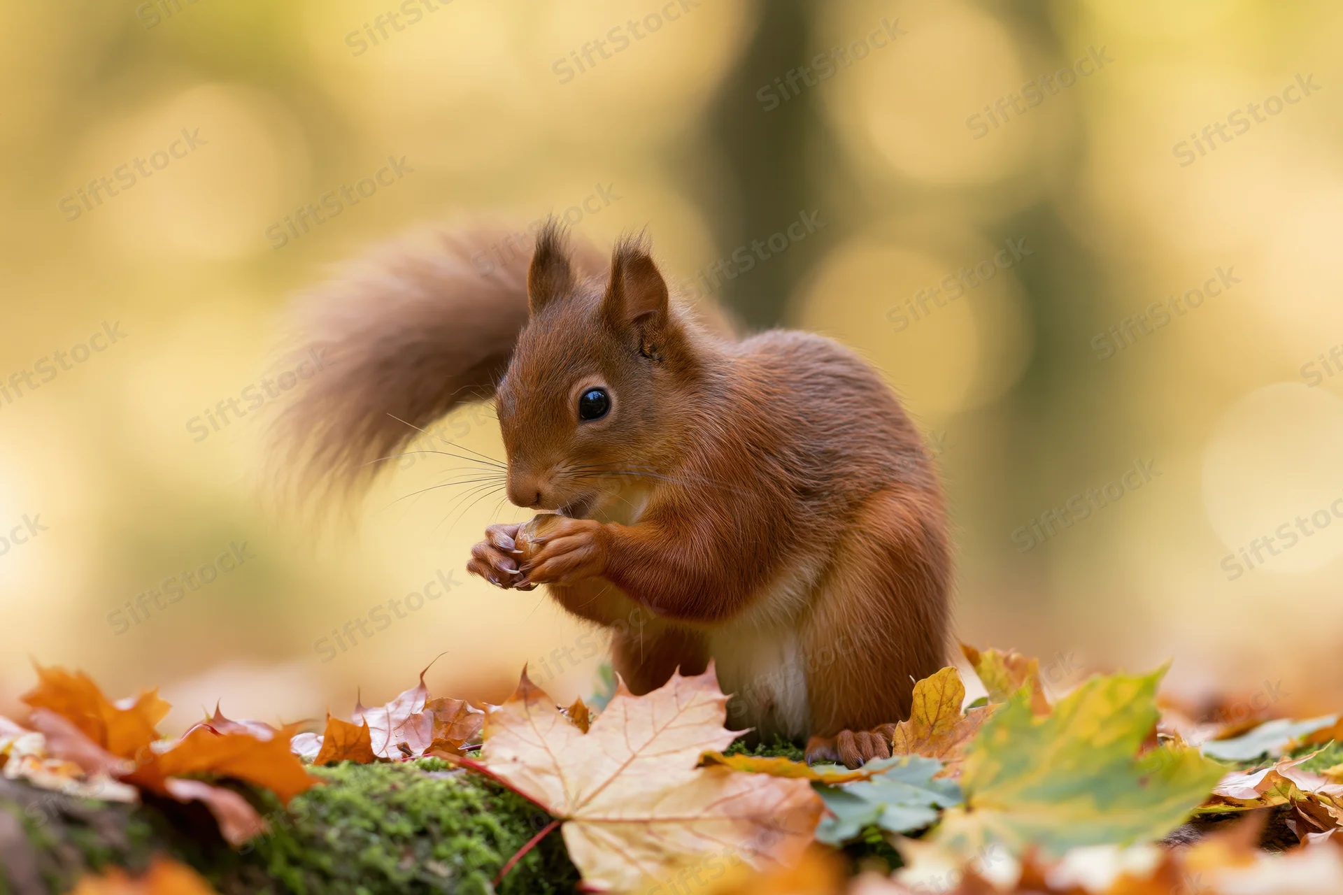 Red squirrel eating a nut on a mossy log surrounded by autumn leaves in a forest