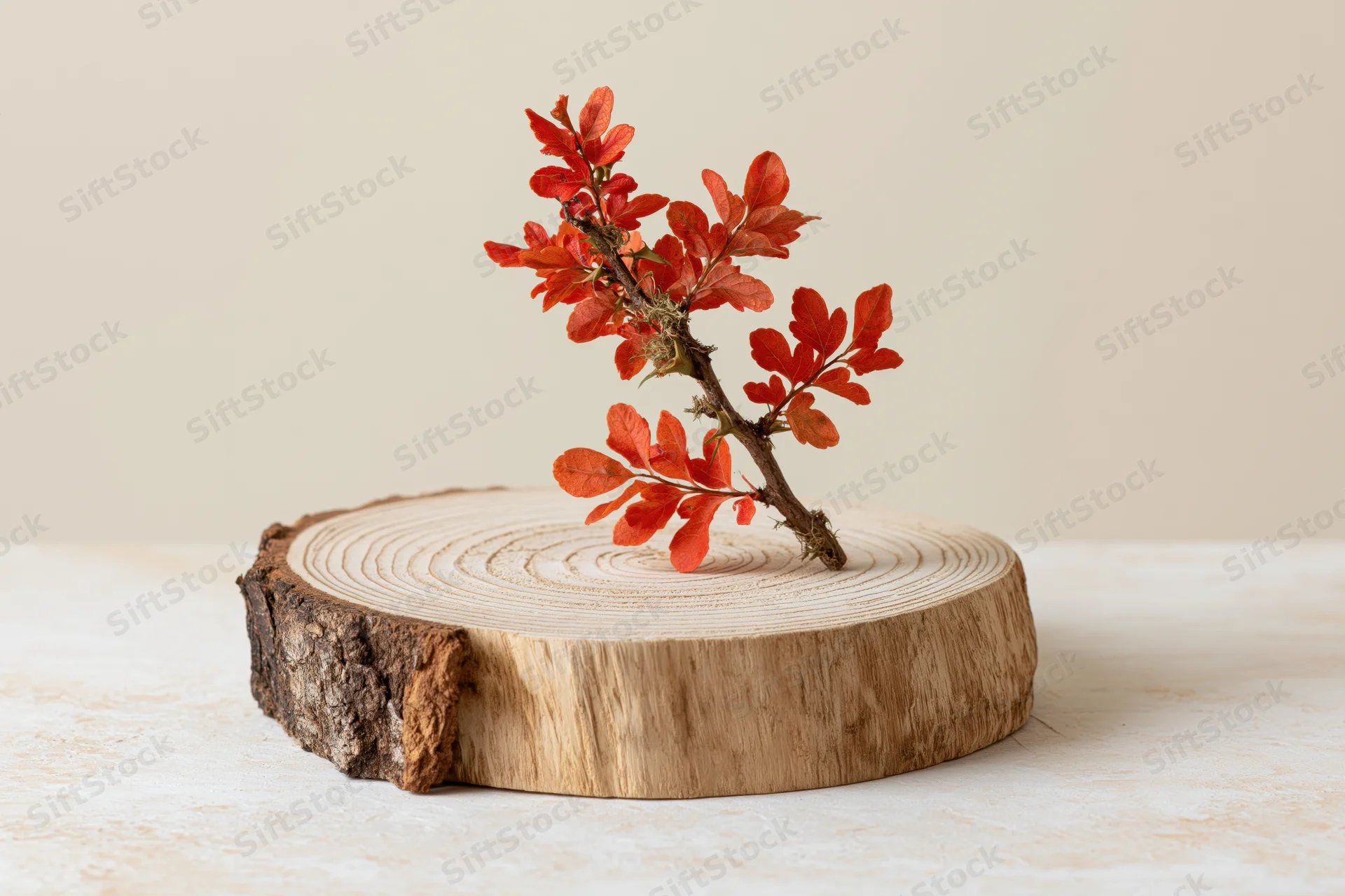 Red autumn branch on a round wood slice with visible tree rings on a neutral surface