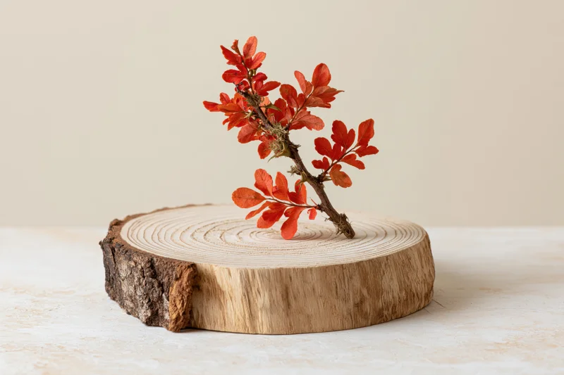 Red autumn branch on a round wood slice with visible tree rings on a neutral surface