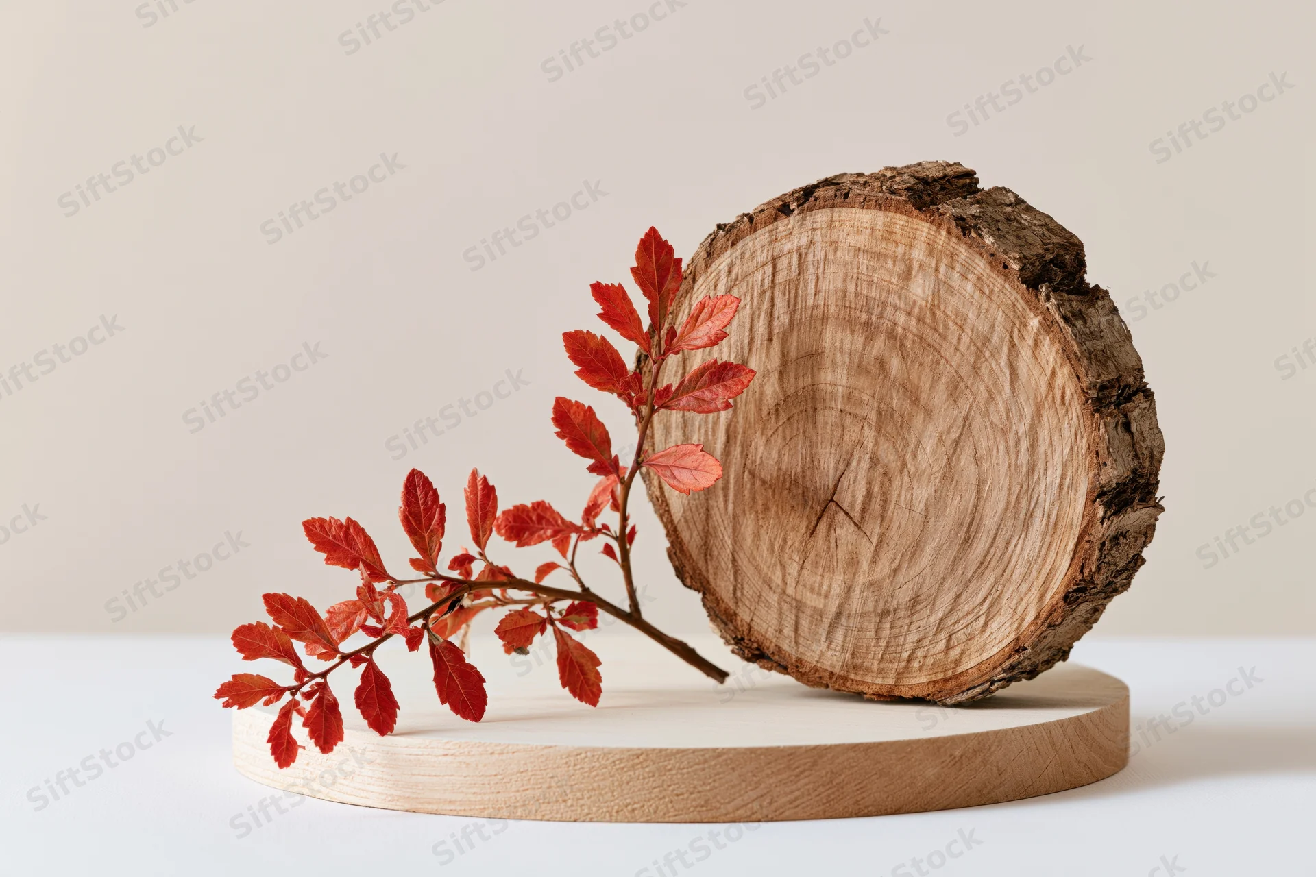 Round wood slice with visible tree rings and red autumn leaves on a wooden stand against a white background
