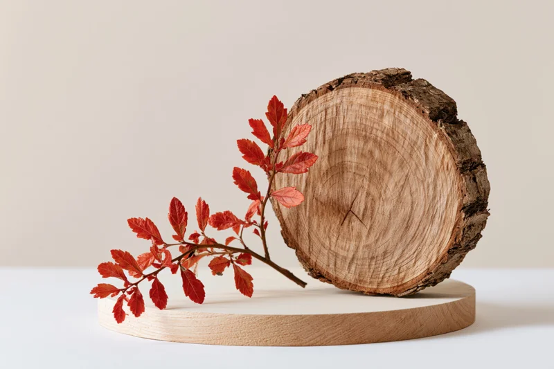 Round wood slice with visible tree rings and red autumn leaves on a wooden stand against a white background