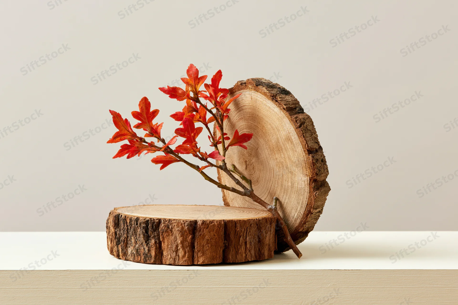 Red-leafed branch resting on a wooden slice with visible tree rings on a light table