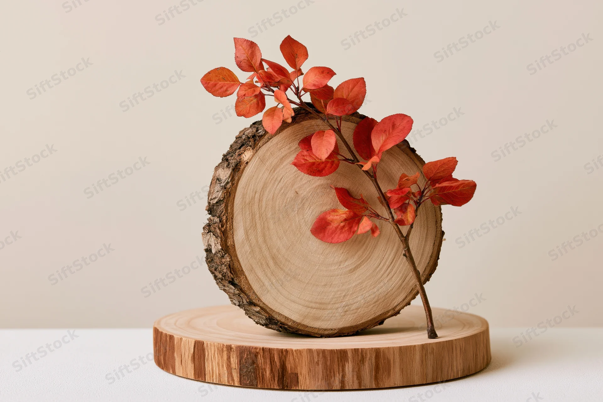 Round wood slice with visible tree rings and red autumn leaves arranged on a wooden stand