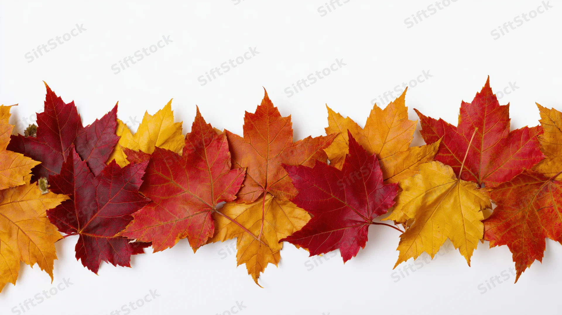 Row of autumn maple leaves arranged horizontally as a border on white background