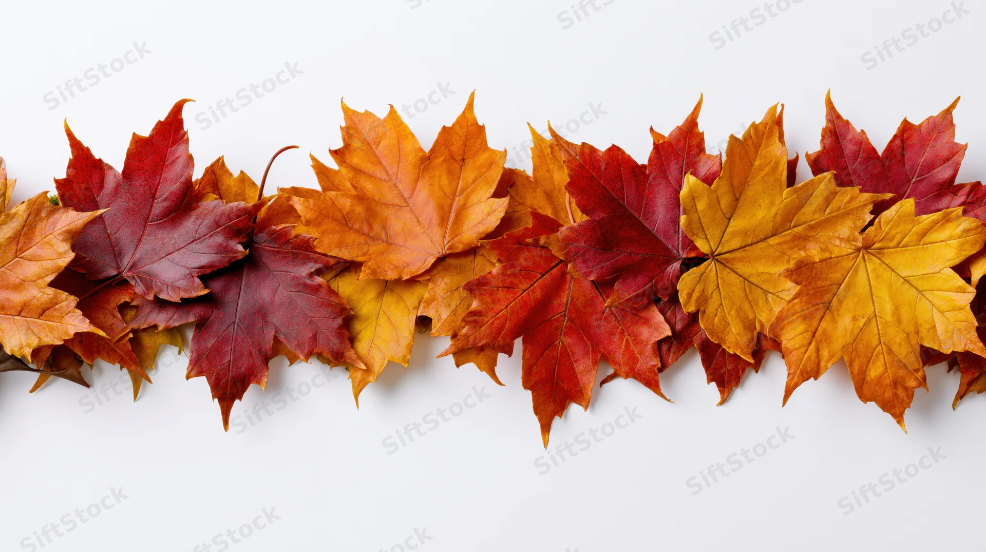 Row of autumn maple leaves arranged horizontally as a border on white background